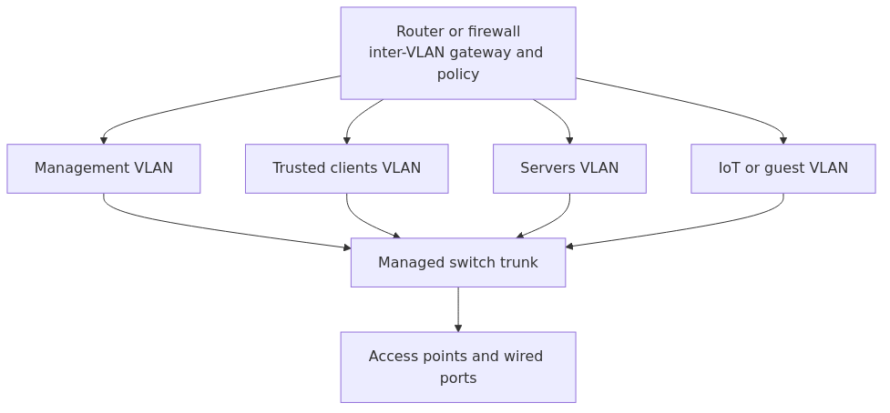 Starter VLAN layout showing management, trusted clients, servers, and IoT or guest networks behind one firewall