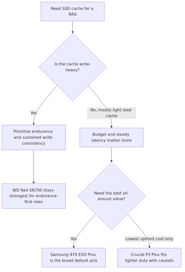Decision diagram comparing endurance-first, balanced-value, and budget NAS cache SSD choices