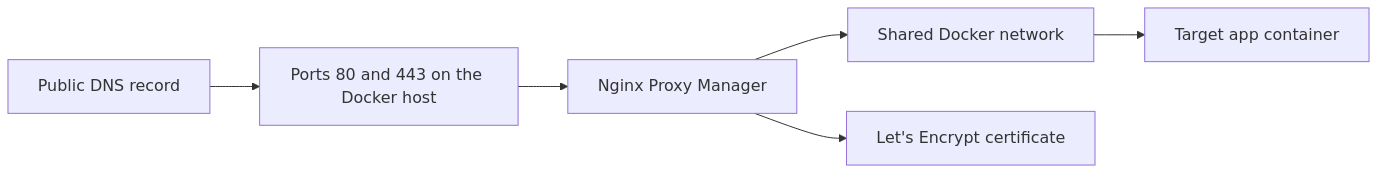 Request path for Nginx Proxy Manager on Docker from public DNS to the proxy and target app container