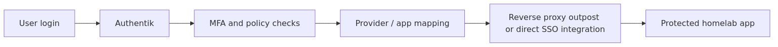 Access flow for Authentik protecting a homelab app with MFA and a proxy or SSO provider path